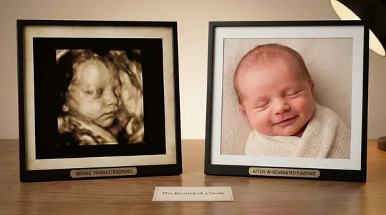 Framed 3D ultrasound next to the matching AI newborn keepsake portrait on a desk